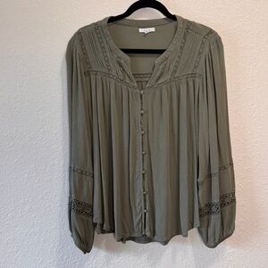 Maurice’s Olive Green Lace Button Long Sleeve Peasant Blouse Women’s XL